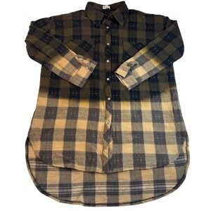 POL Boho Plaid Button Down Dress Distressed Bleach Dye Detail Women's Size S